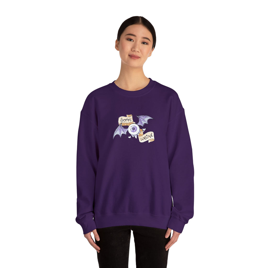 Crewneck Sweatshirt — Purple Bat & Moon Floral Graphic (Halloween Cozy)