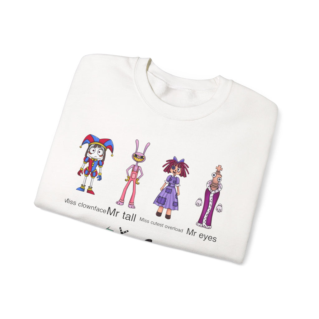 Crewneck Sweatshirt — Cute Creepy Cartoon Clowns Illustration ("Miss..." Character Lineup)