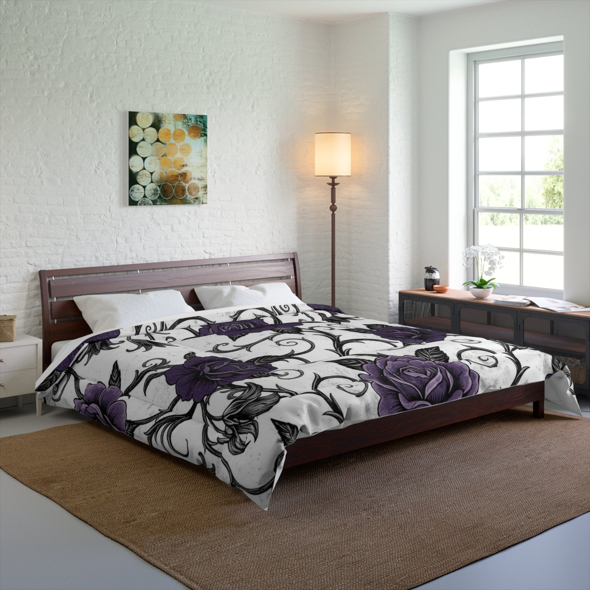 Purple Rose Gothic Comforter - Floral Scroll Bedroom Duvet Cover