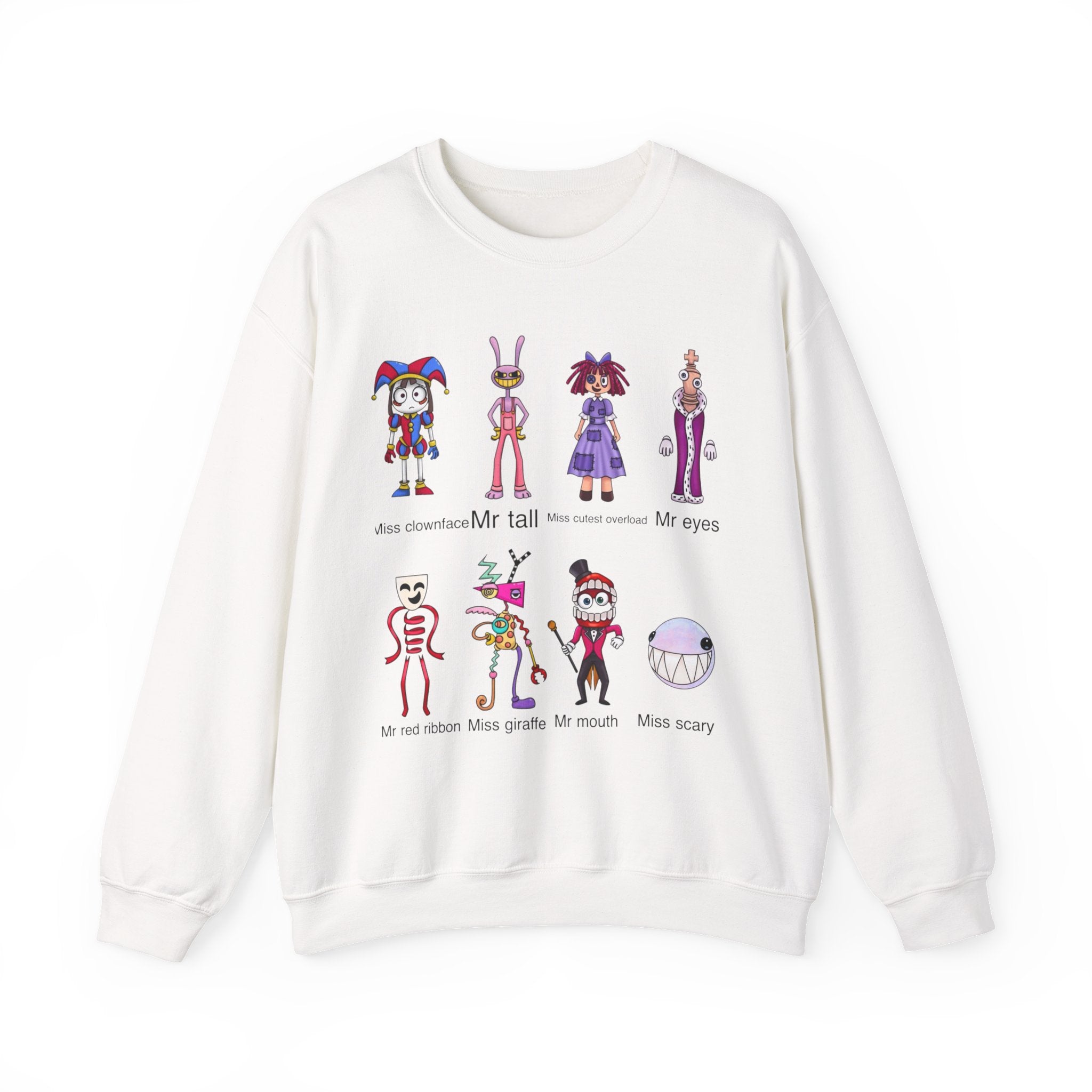 Crewneck Sweatshirt — Cute Creepy Cartoon Clowns Illustration ("Miss..." Character Lineup)