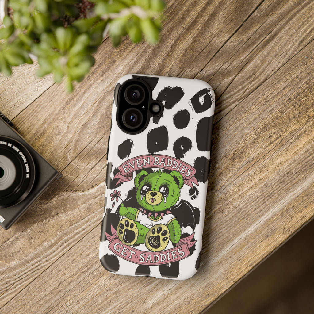 Cute Green Teddy Phone Case — "Even Baddies Get Saddles" Cow Print Protective Case