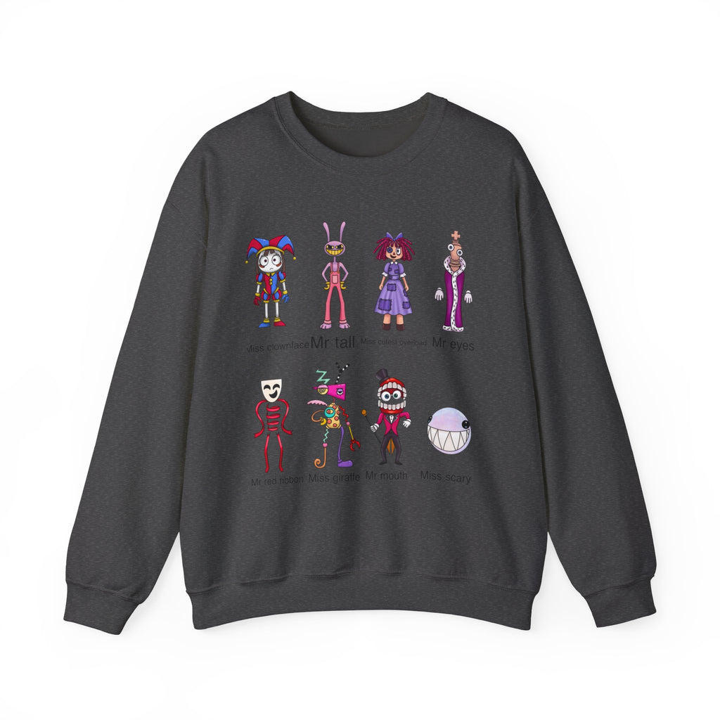 Crewneck Sweatshirt — Cute Creepy Cartoon Clowns Illustration ("Miss..." Character Lineup)