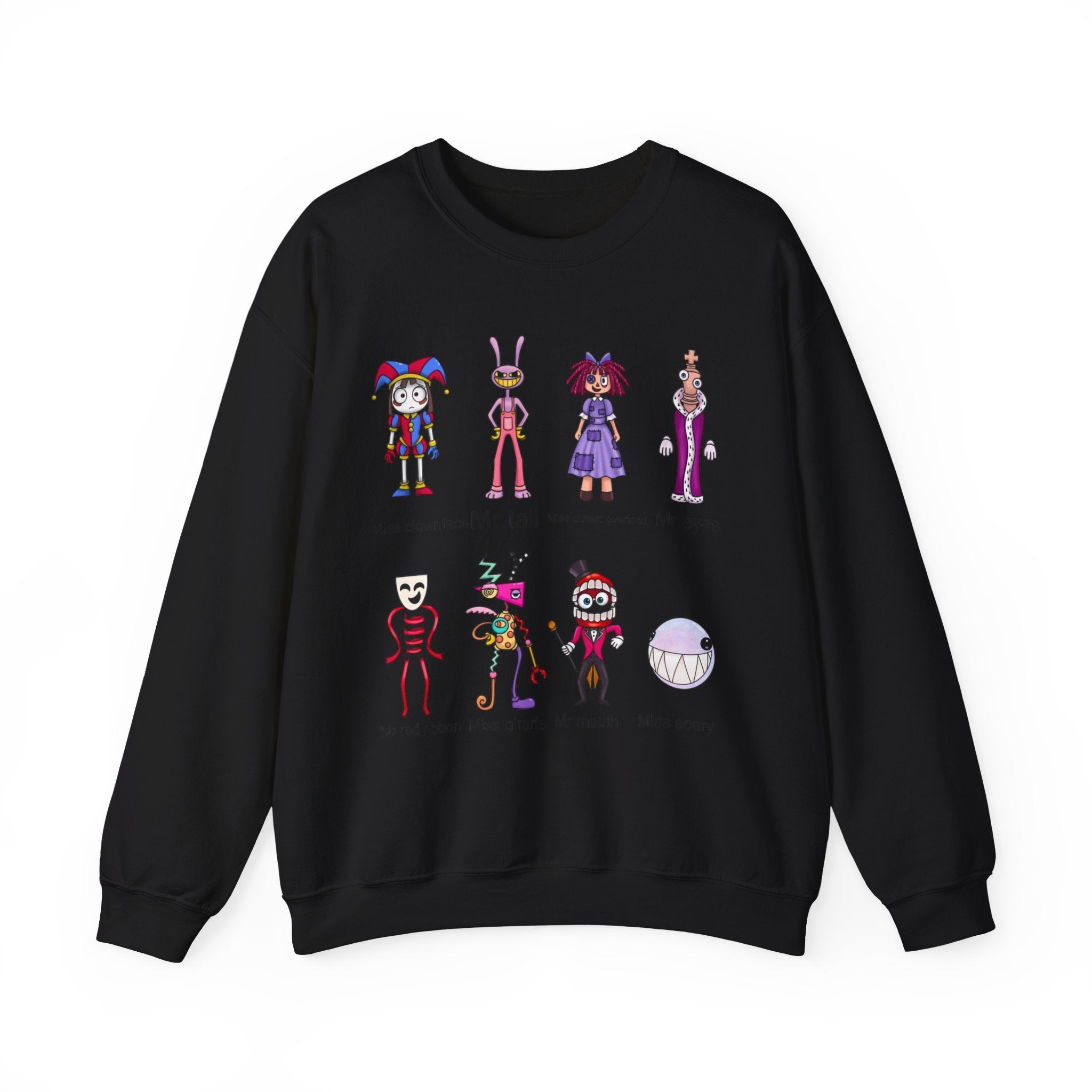 Crewneck Sweatshirt — Cute Creepy Cartoon Clowns Illustration ("Miss..." Character Lineup)