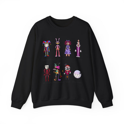 Crewneck Sweatshirt — Cute Creepy Cartoon Clowns Illustration ("Miss..." Character Lineup)