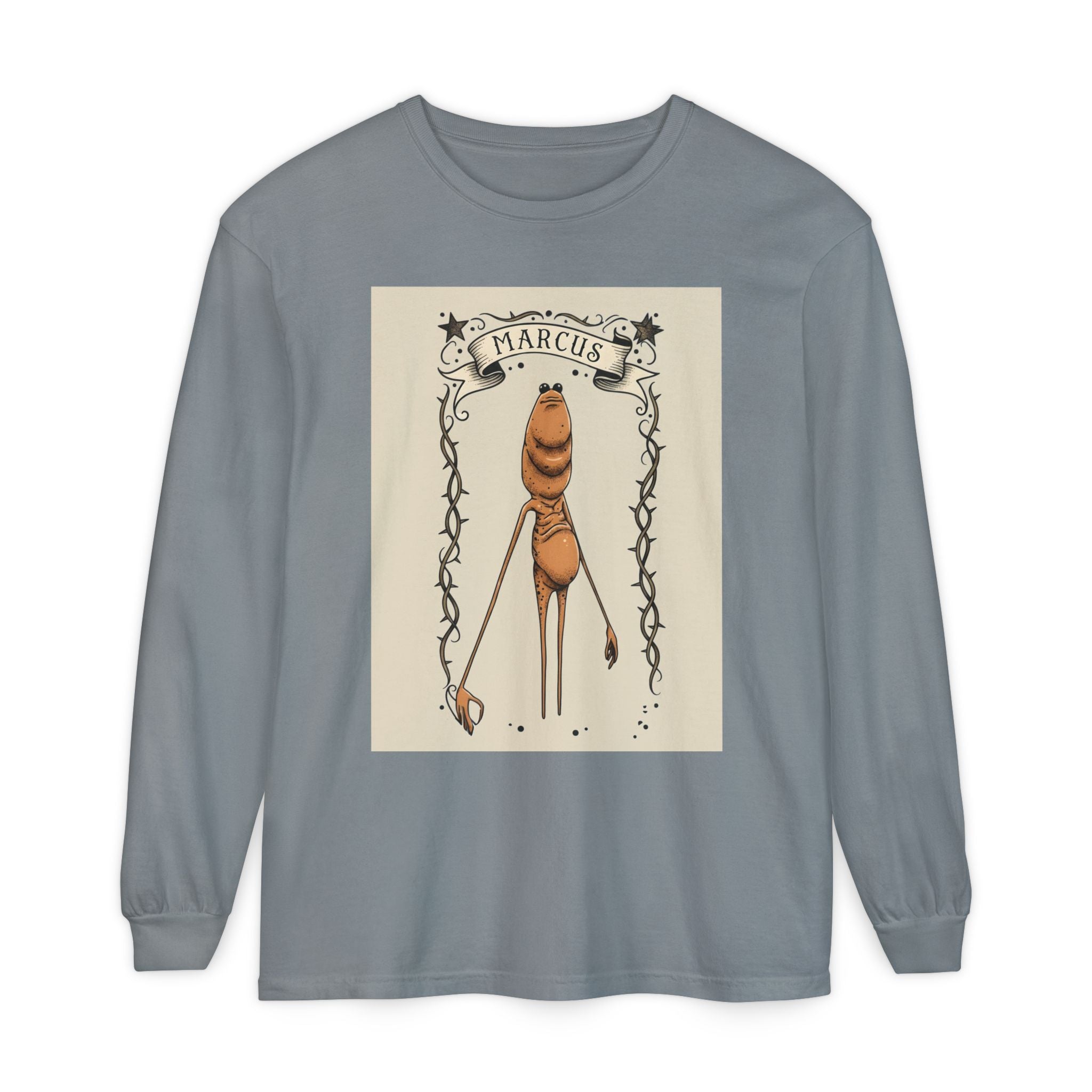 Marcus Character Long Sleeve Tee — Whimsical Creature Illustration Shirt