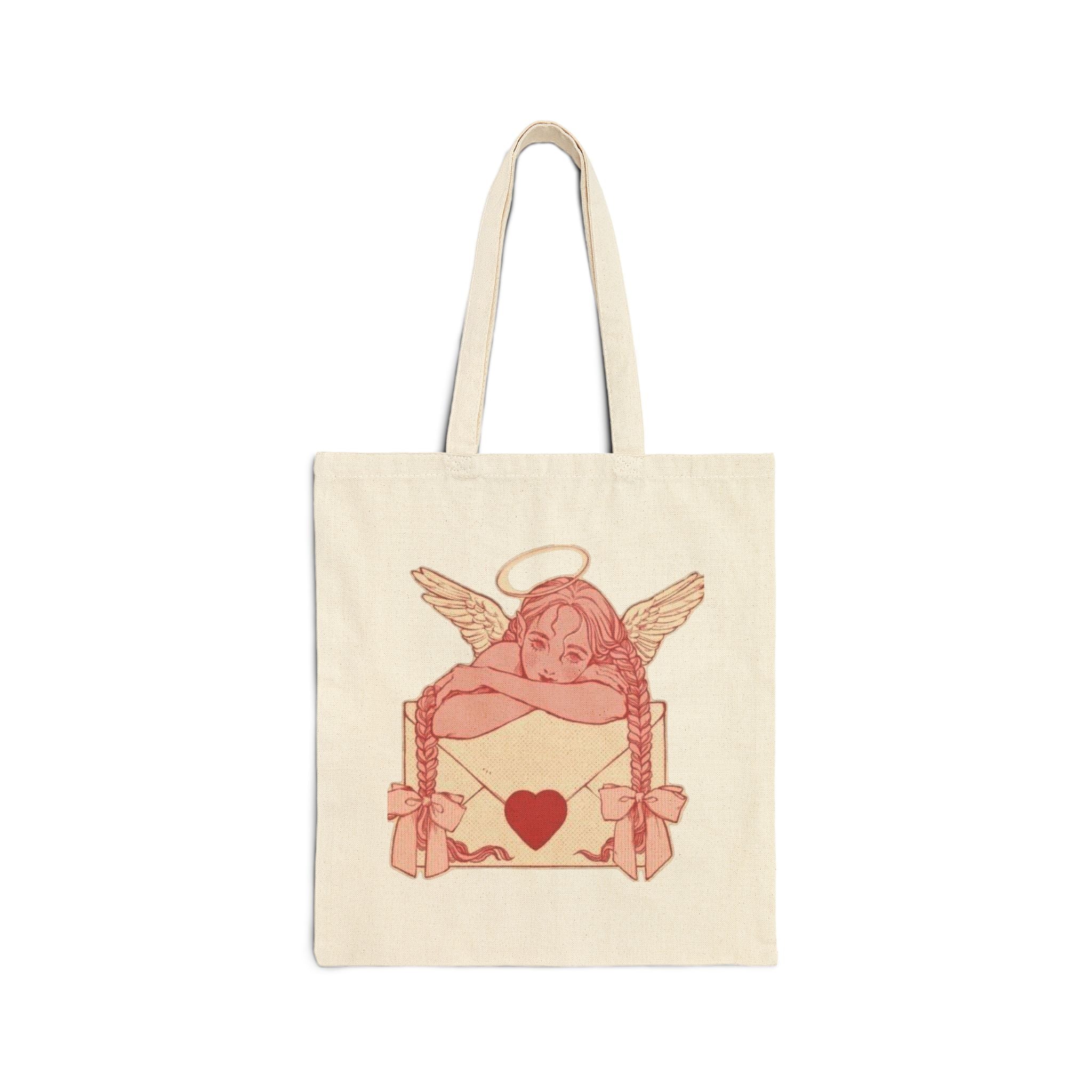 valentines Canvas Tote Bag — Vintage Angel & Heart Illustration | Cute Cloud Eyes Eco Shopper