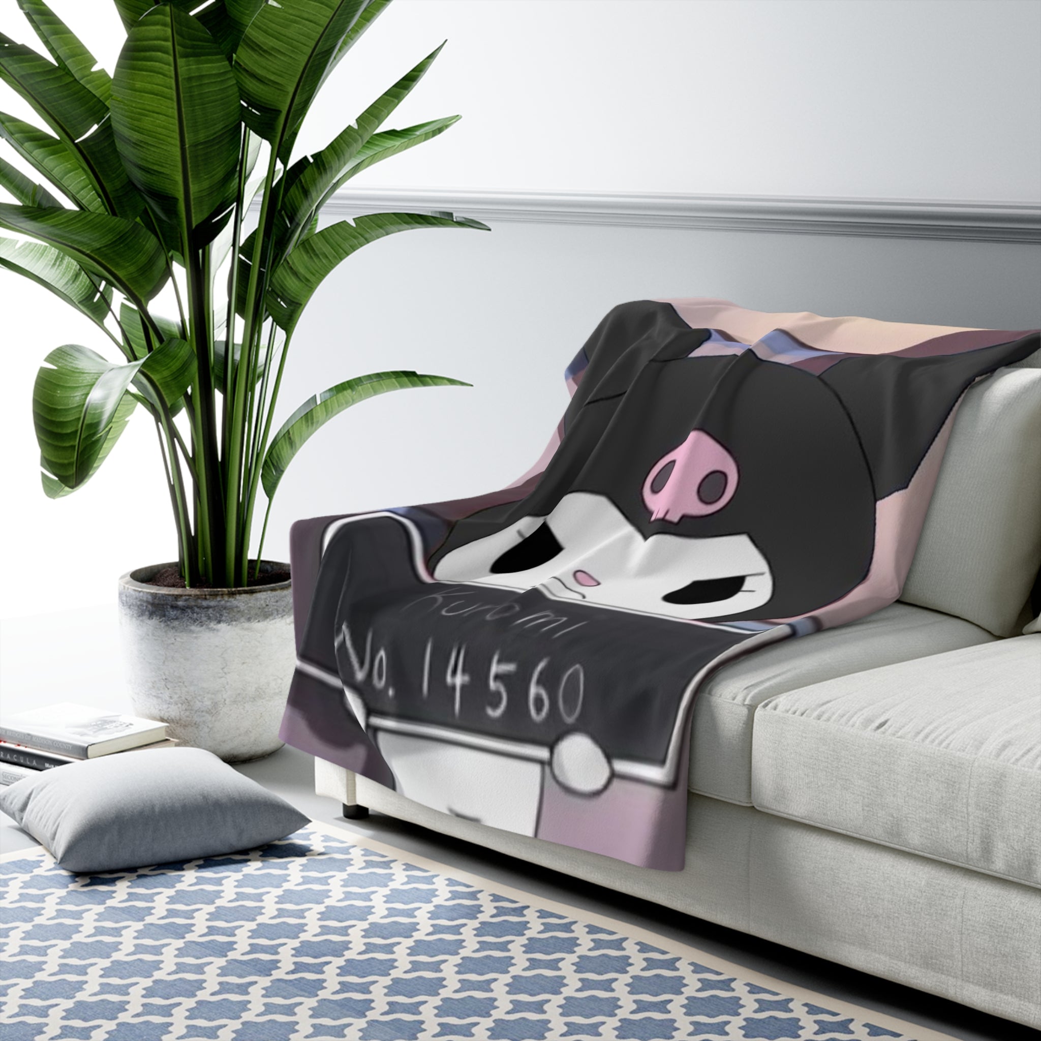 Kuromi Mugshot Sherpa Fleece Blanket — Cute Sanrio Character Cozy Throw