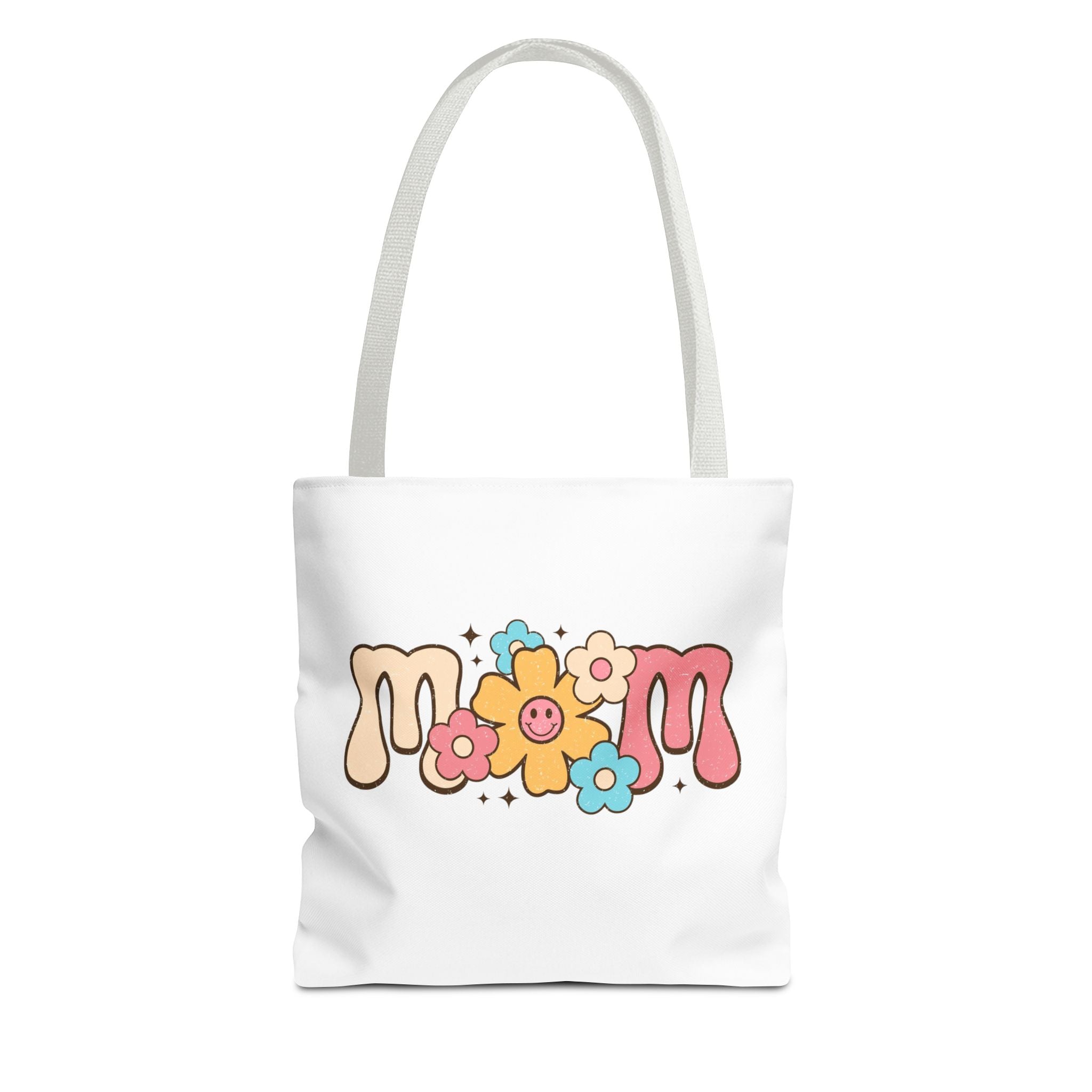 Mom Floral Smile Tote Bag – Retro Smiley Flower All-Over Print Tote