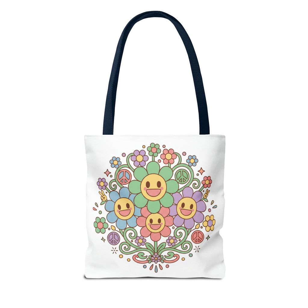 Mom Floral Smile Tote Bag – Retro Smiley Flower All-Over Print Tote