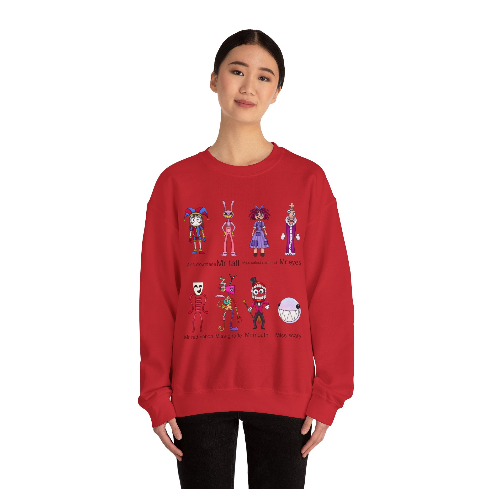 Crewneck Sweatshirt — Cute Creepy Cartoon Clowns Illustration ("Miss..." Character Lineup)
