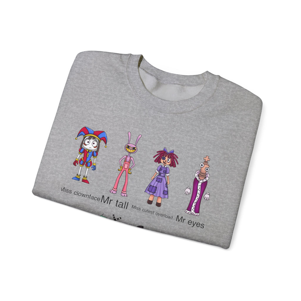 Crewneck Sweatshirt — Cute Creepy Cartoon Clowns Illustration ("Miss..." Character Lineup)
