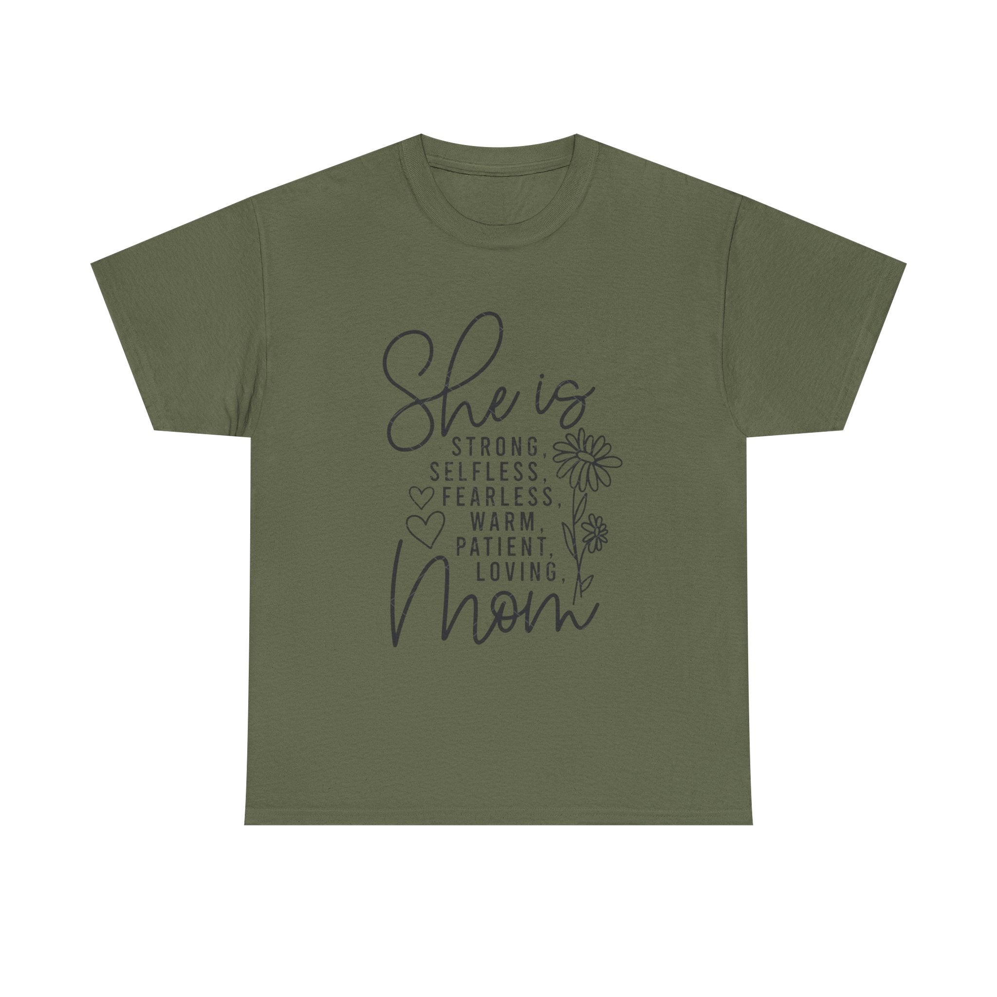 Mom Short Sleeve Tee — "She is Strong, Selfless, Fearless, Warm, Patient, Loving" Floral Design