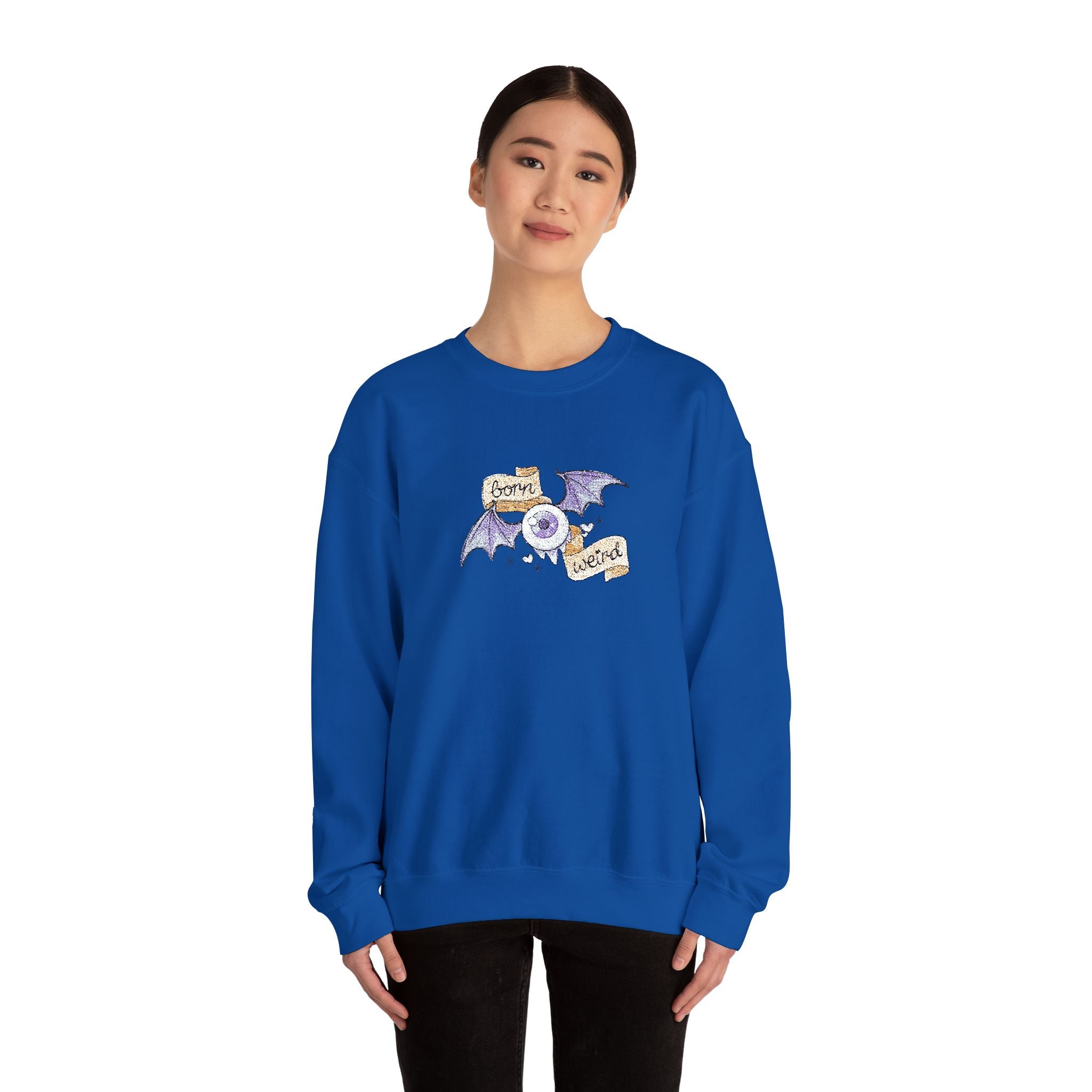 Crewneck Sweatshirt — Purple Bat & Moon Floral Graphic (Halloween Cozy)