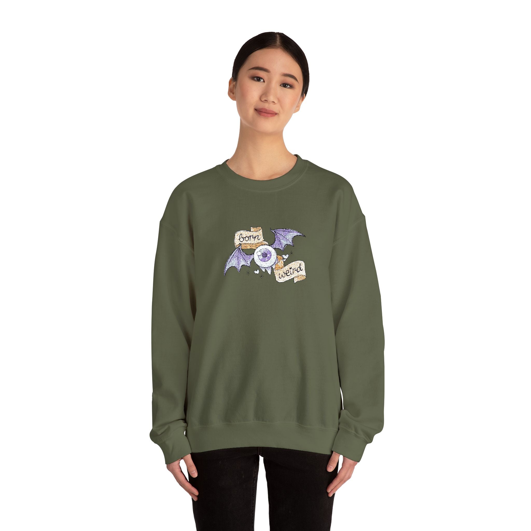 Crewneck Sweatshirt — Purple Bat & Moon Floral Graphic (Halloween Cozy)