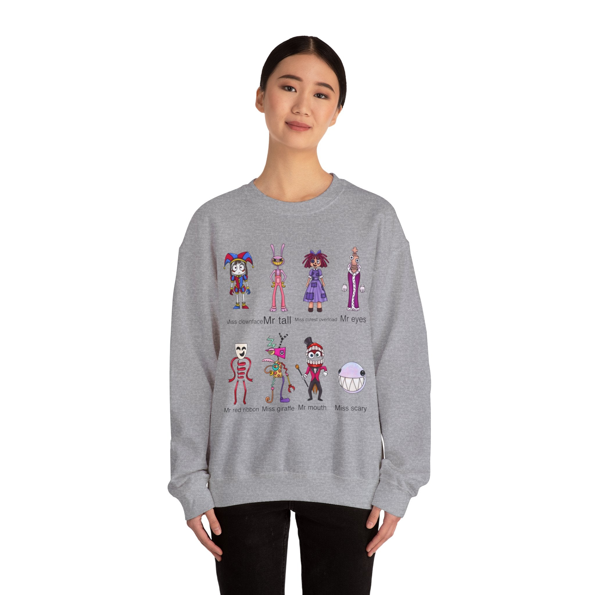 Crewneck Sweatshirt — Cute Creepy Cartoon Clowns Illustration ("Miss..." Character Lineup)