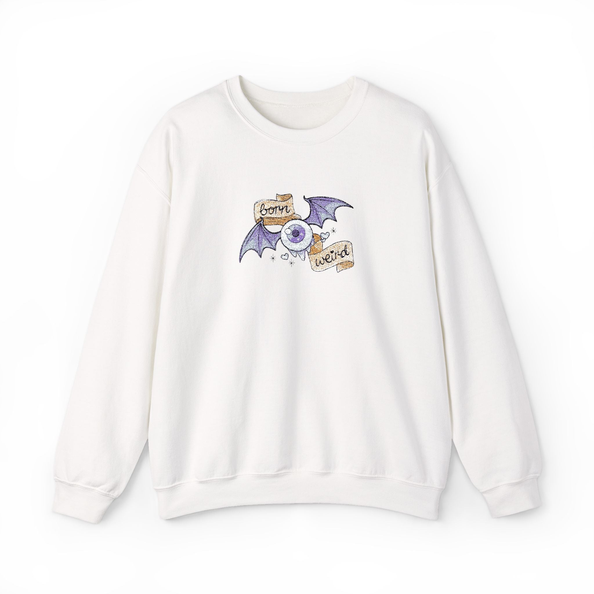 Crewneck Sweatshirt — Purple Bat & Moon Floral Graphic (Halloween Cozy)