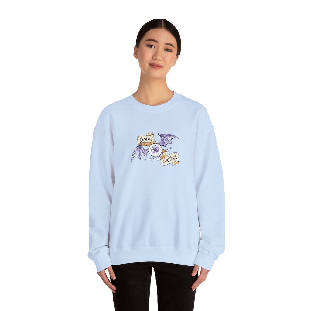 Crewneck Sweatshirt — Purple Bat & Moon Floral Graphic (Halloween Cozy)