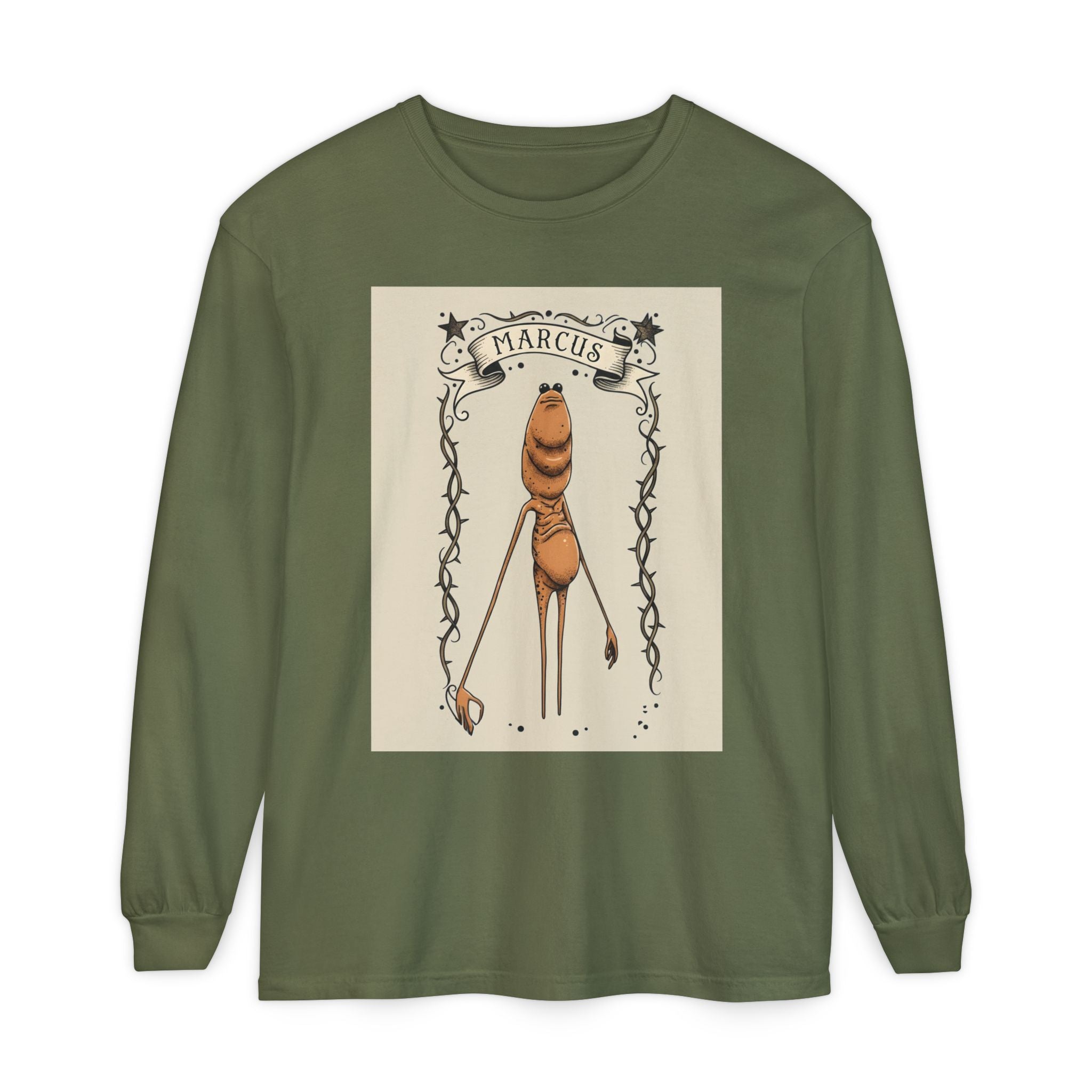 Marcus Character Long Sleeve Tee — Whimsical Creature Illustration Shirt
