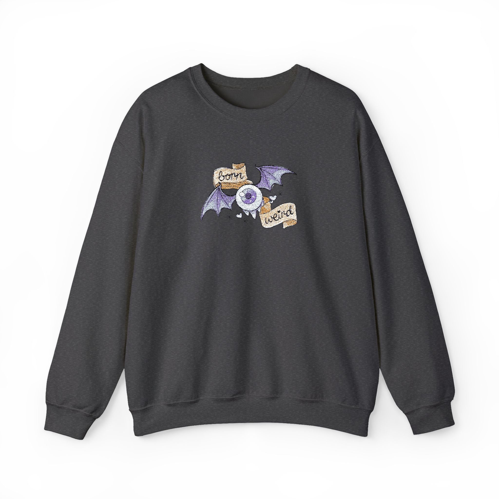 Crewneck Sweatshirt — Purple Bat & Moon Floral Graphic (Halloween Cozy)