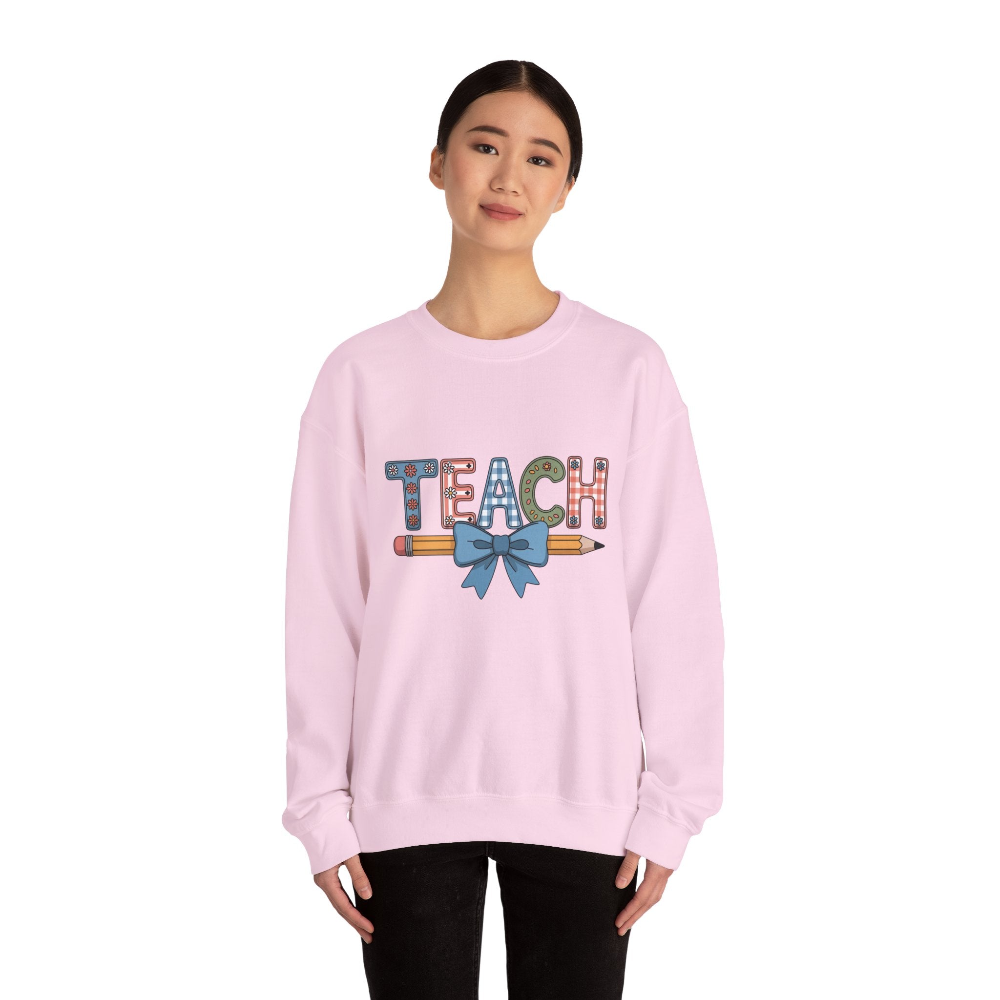Teacher Crewneck Sweatshirt – "TEACH" Pencil & Bow Design