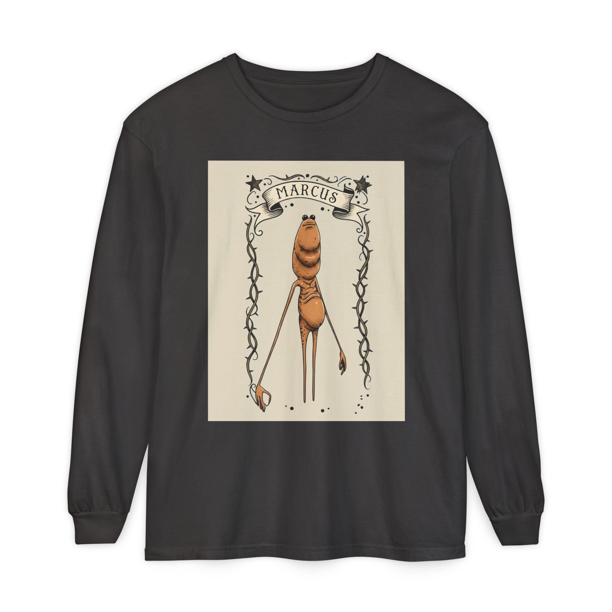 Marcus Character Long Sleeve Tee — Whimsical Creature Illustration Shirt