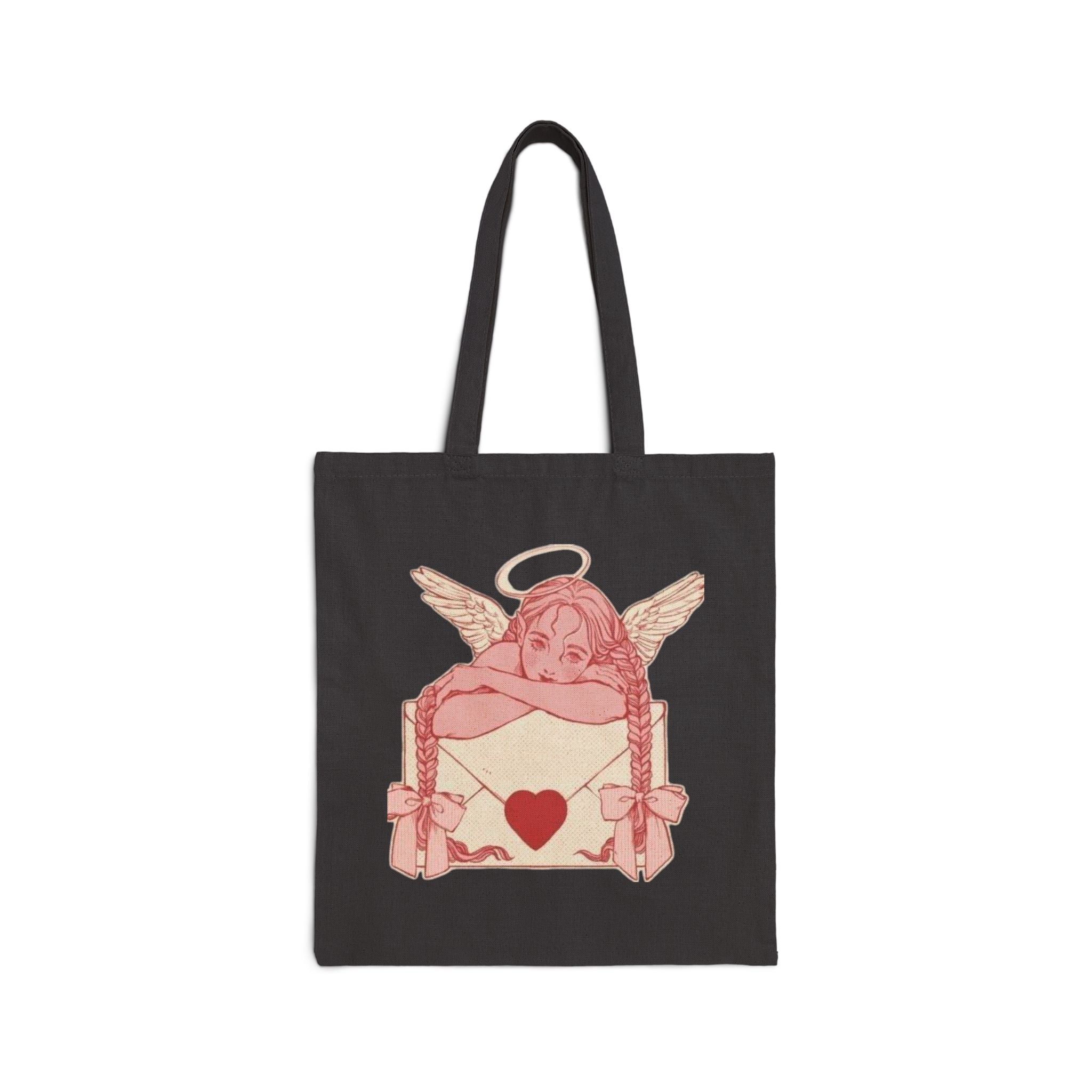 valentines Canvas Tote Bag — Vintage Angel & Heart Illustration | Cute Cloud Eyes Eco Shopper