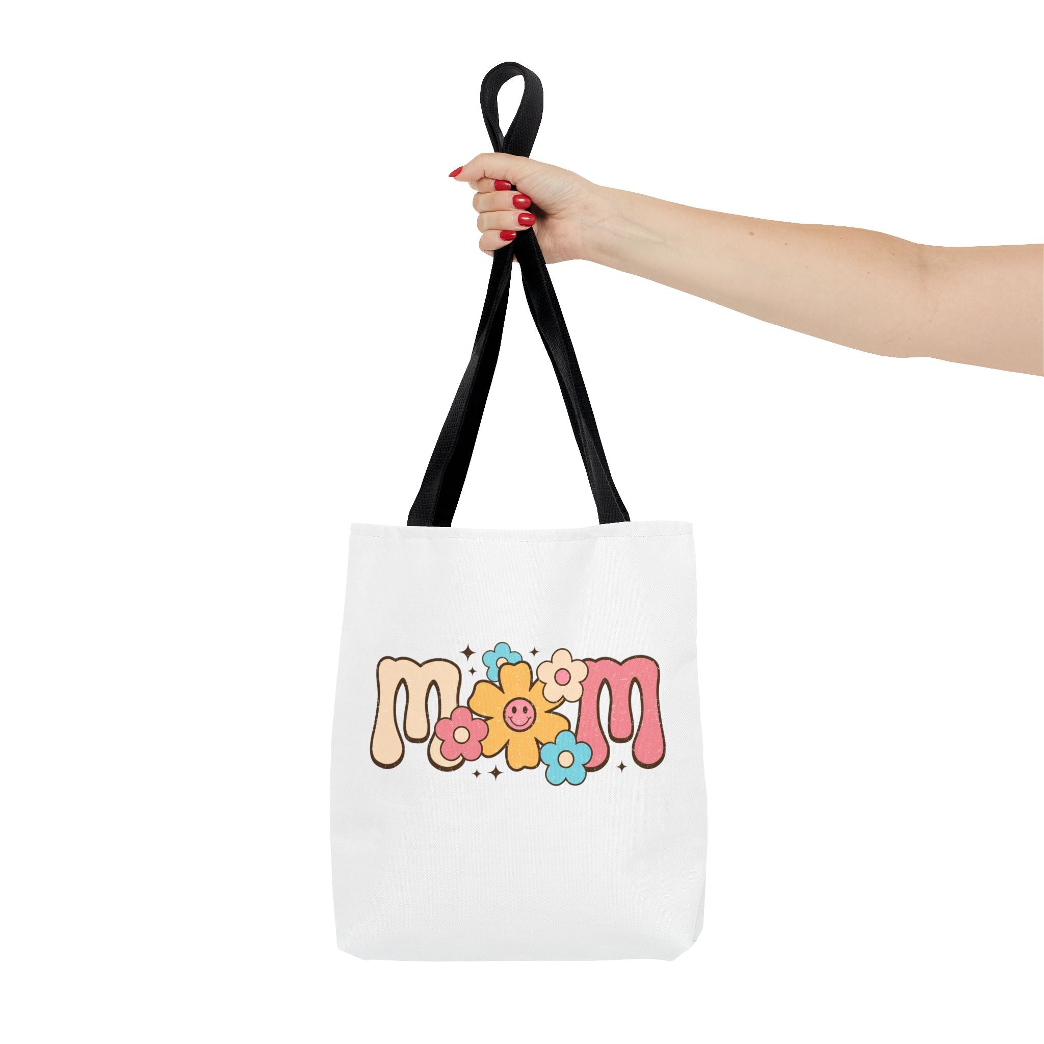 Mom Floral Smile Tote Bag – Retro Smiley Flower All-Over Print Tote