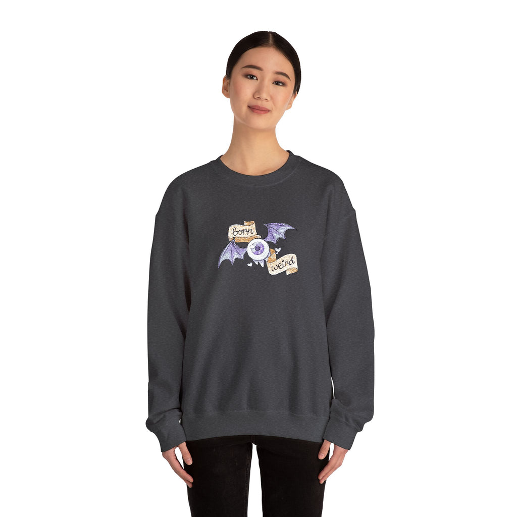 Crewneck Sweatshirt — Purple Bat & Moon Floral Graphic (Halloween Cozy)