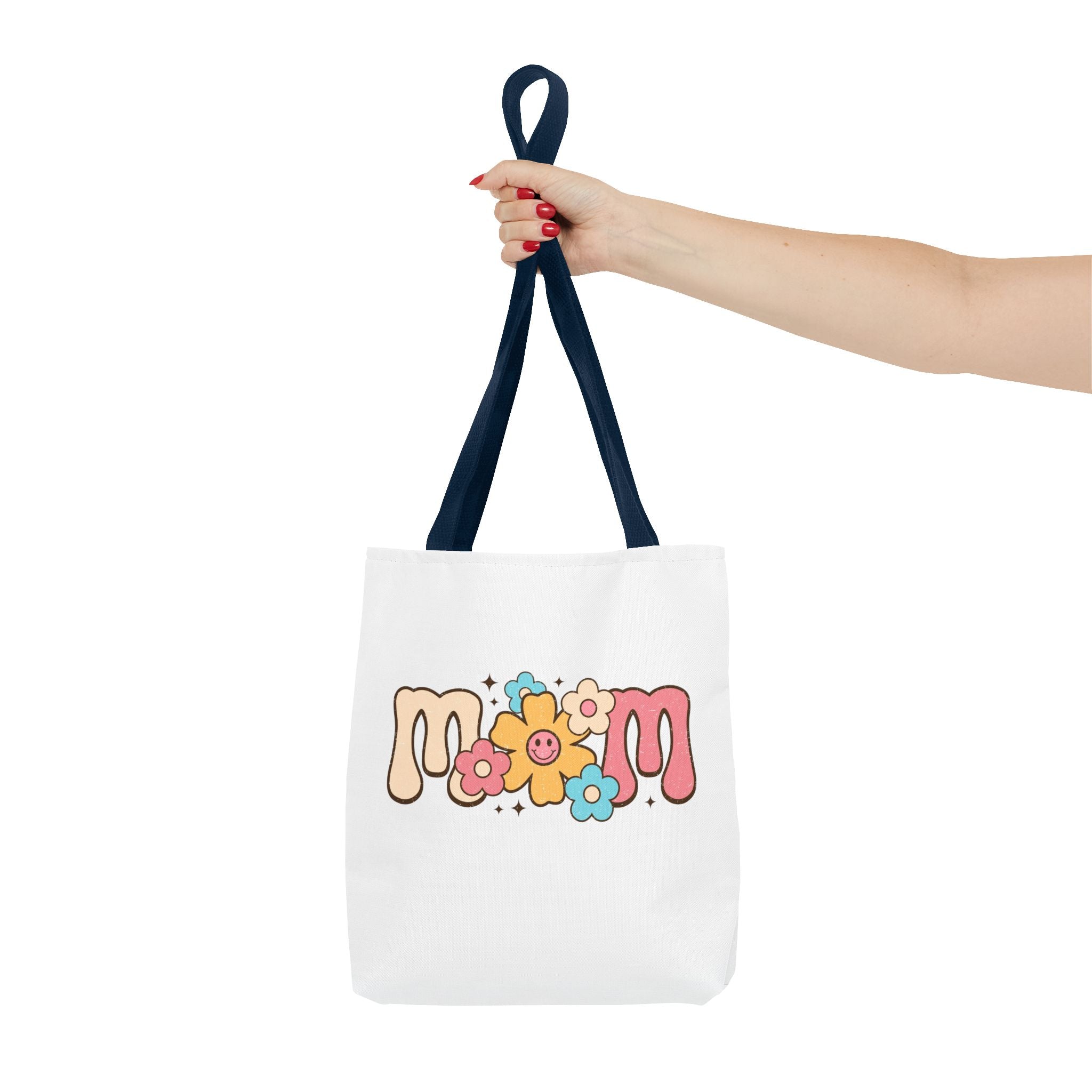 Mom Floral Smile Tote Bag – Retro Smiley Flower All-Over Print Tote