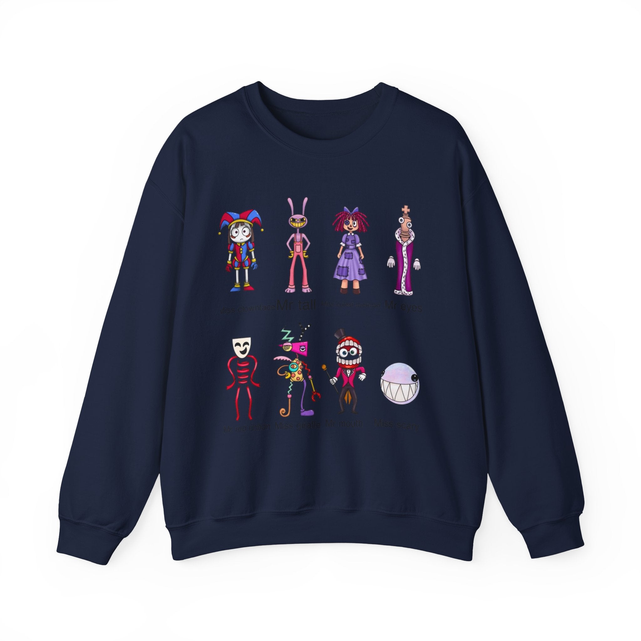 Crewneck Sweatshirt — Cute Creepy Cartoon Clowns Illustration ("Miss..." Character Lineup)
