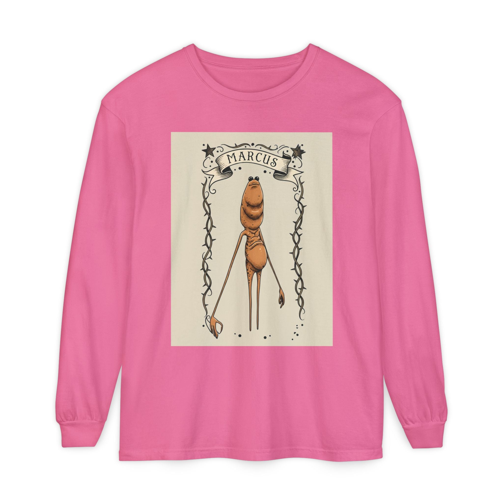 Marcus Character Long Sleeve Tee — Whimsical Creature Illustration Shirt