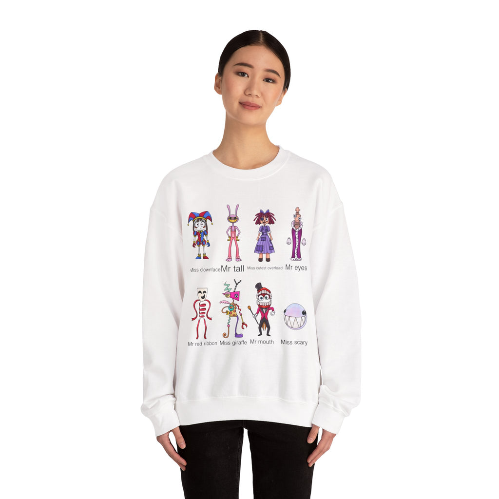 Crewneck Sweatshirt — Cute Creepy Cartoon Clowns Illustration ("Miss..." Character Lineup)