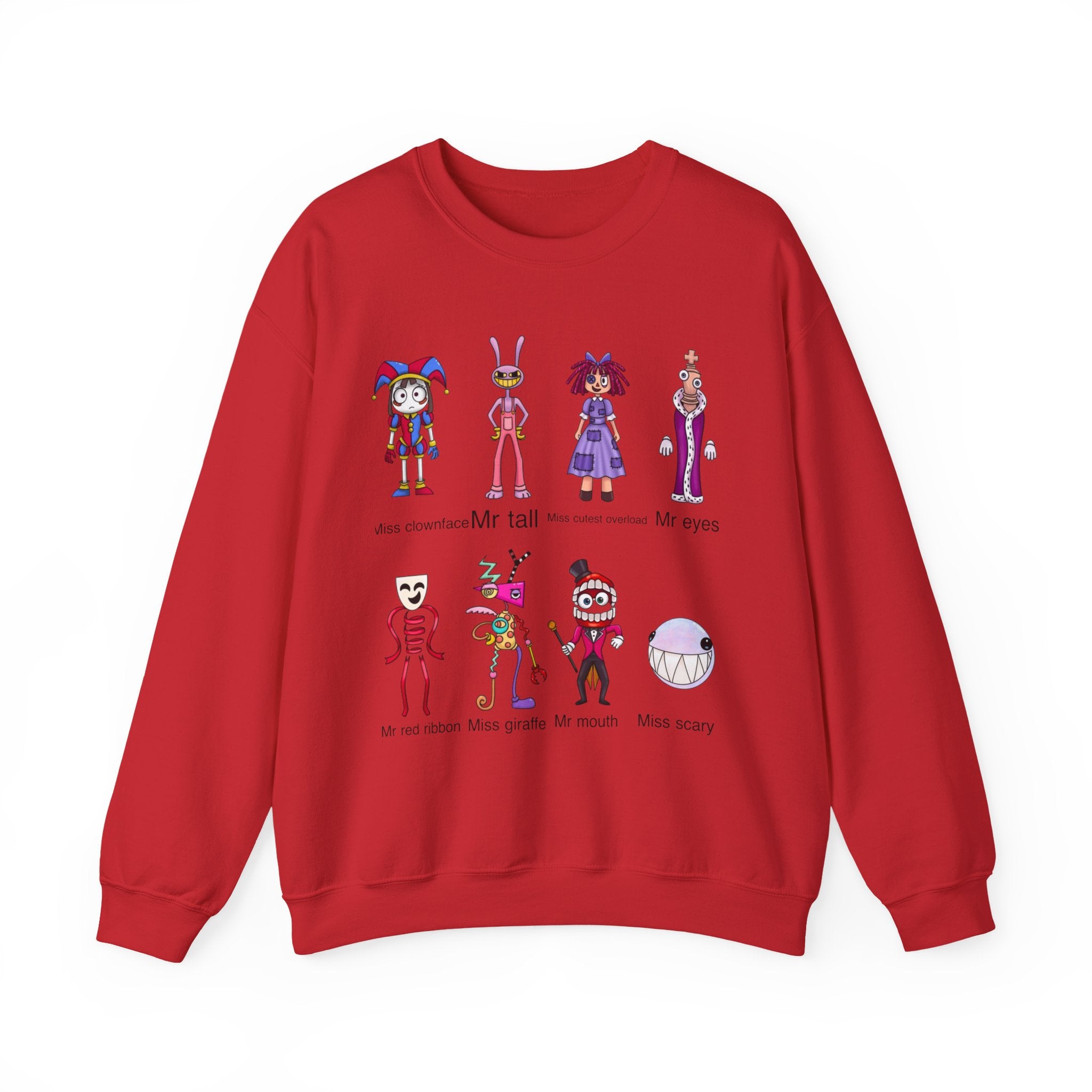 Crewneck Sweatshirt — Cute Creepy Cartoon Clowns Illustration ("Miss..." Character Lineup)