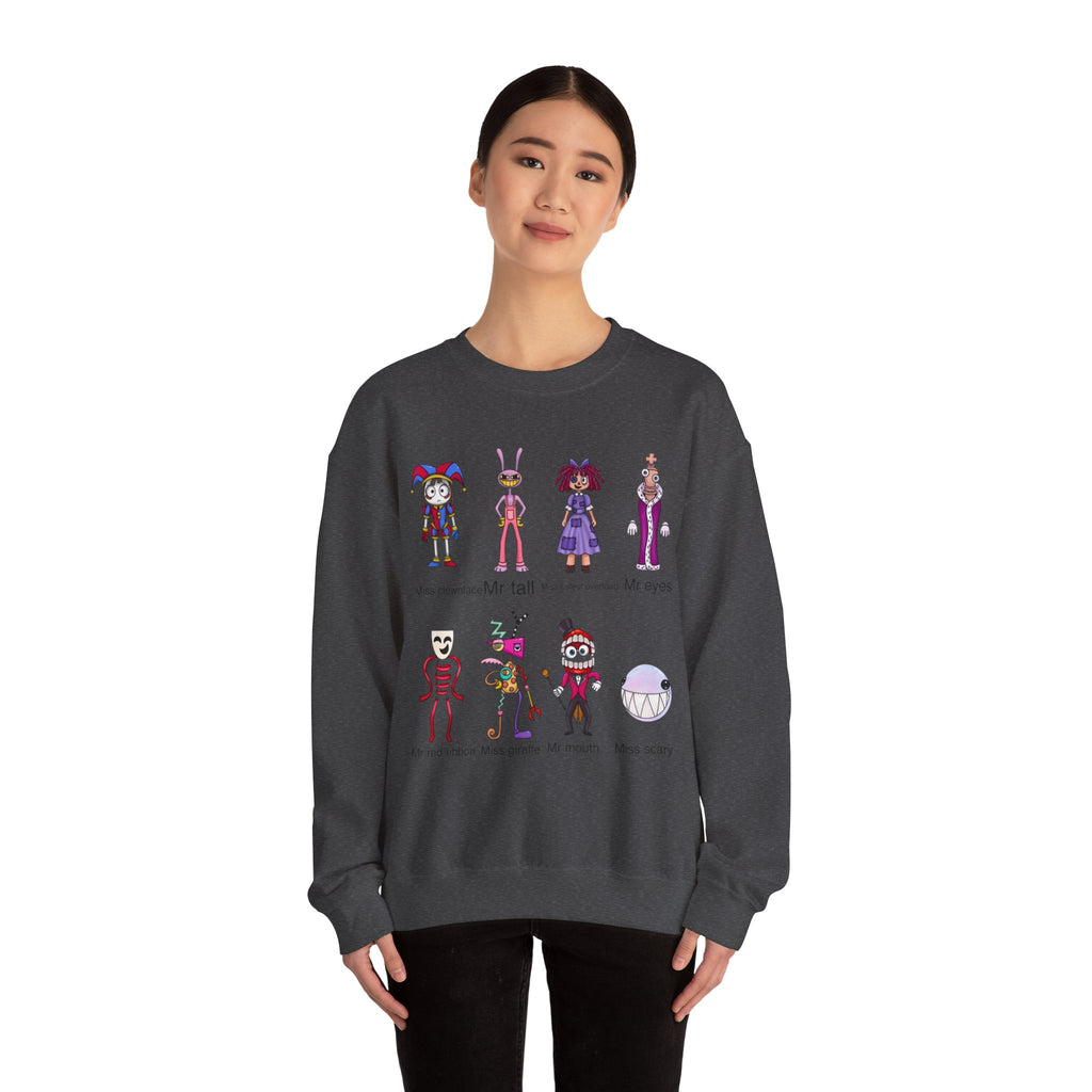 Crewneck Sweatshirt — Cute Creepy Cartoon Clowns Illustration ("Miss..." Character Lineup)