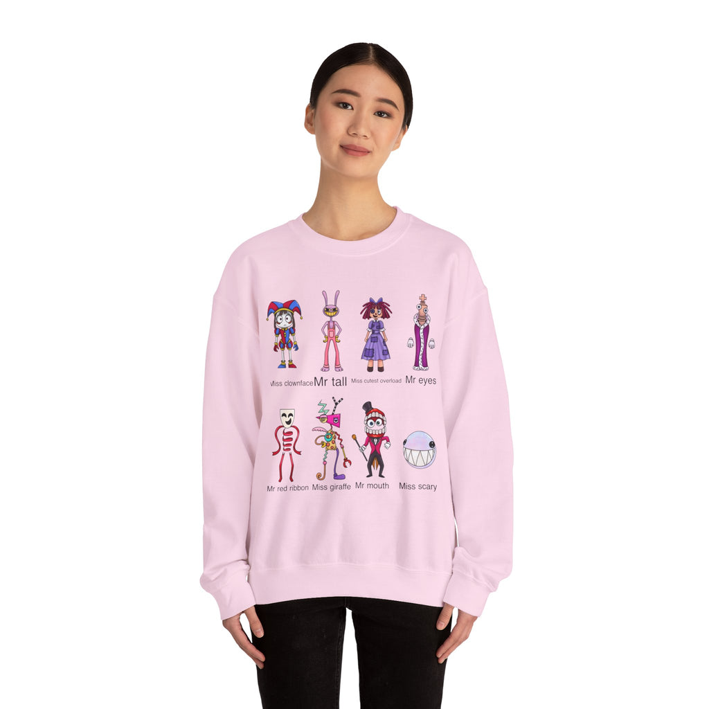 Crewneck Sweatshirt — Cute Creepy Cartoon Clowns Illustration ("Miss..." Character Lineup)