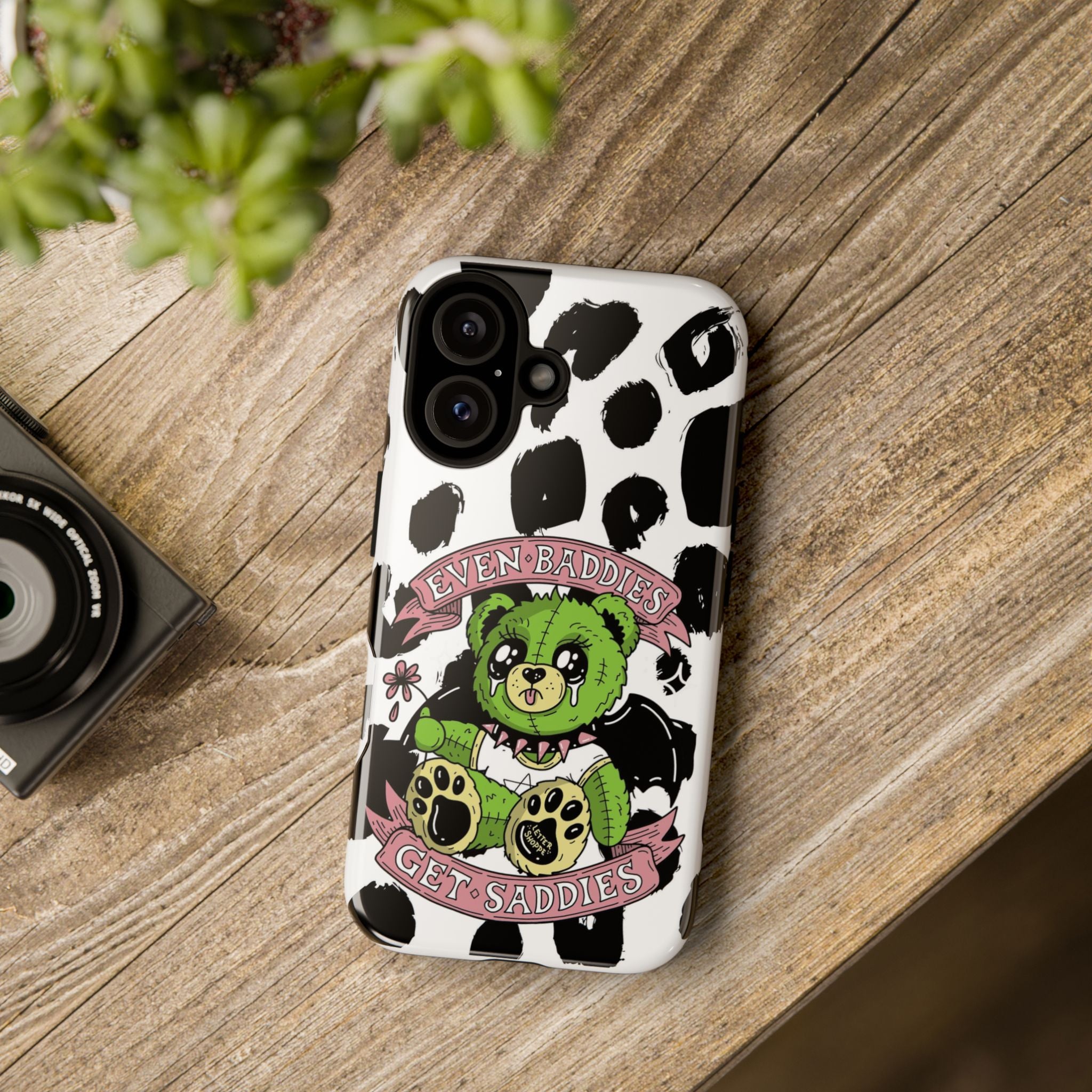 Cute Green Teddy Phone Case — "Even Baddies Get Saddles" Cow Print Protective Case