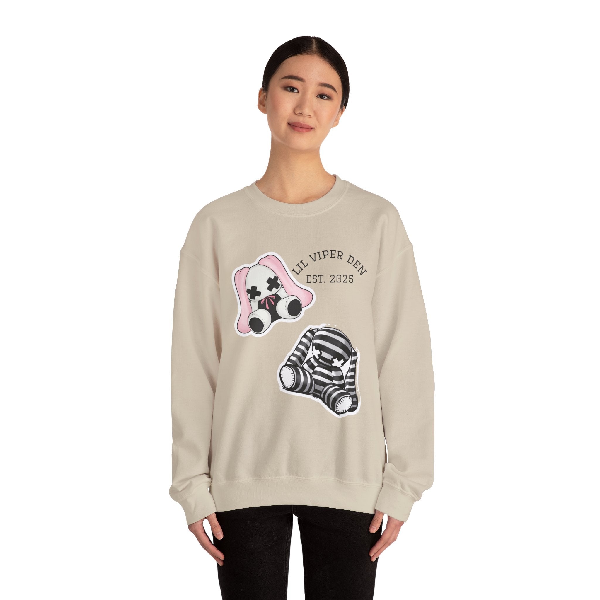Lil Viper Den bunny Crewneck Sweatshirt — Cute Plush Mask Graphic, Est. 2025
