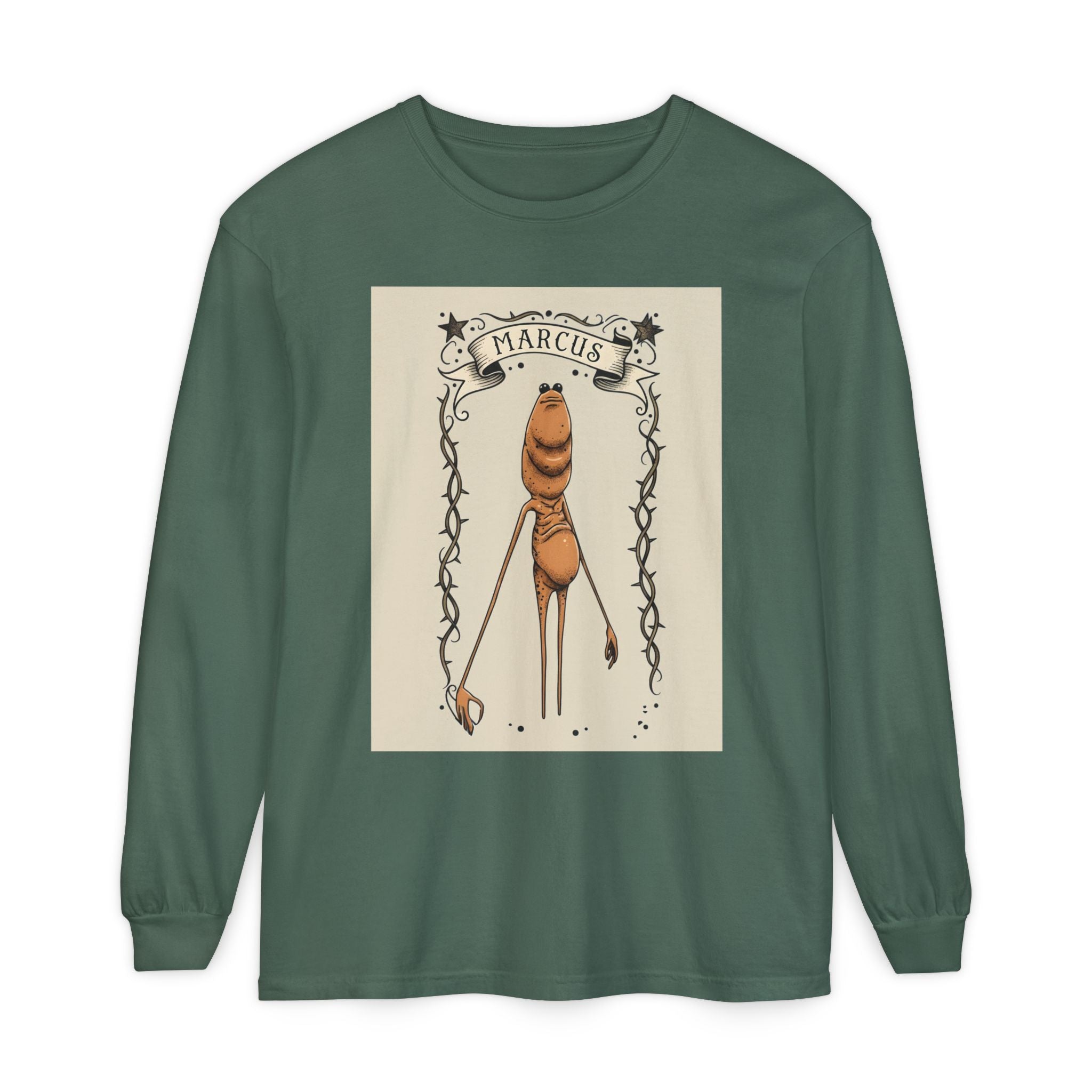 Marcus Character Long Sleeve Tee — Whimsical Creature Illustration Shirt