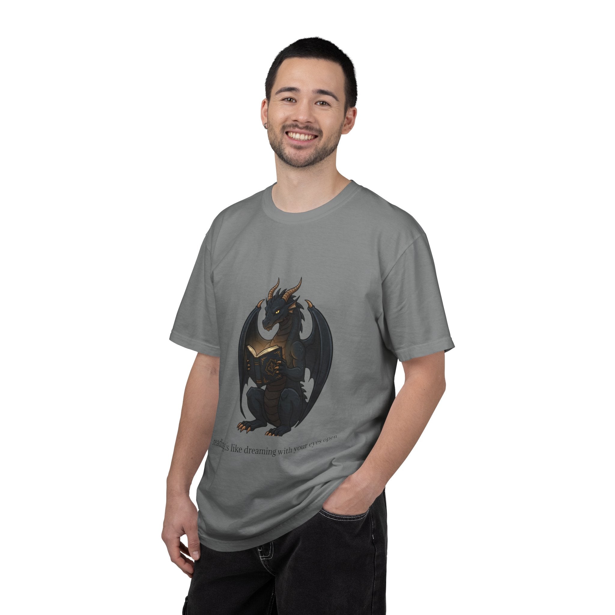 Dragon Reading T-Shirt — 'reading is like dreaming with your eyes open' Graphic Tee