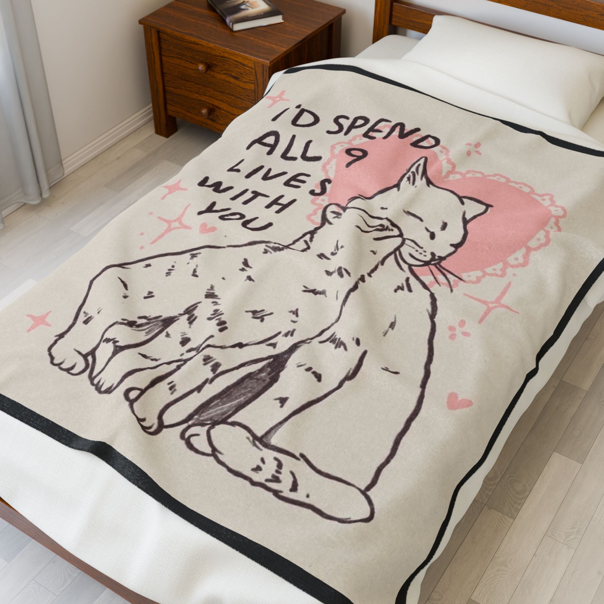 valentines Blanket — "I'd Spend All 9 Lives With You" Cute Cat Plush Throw