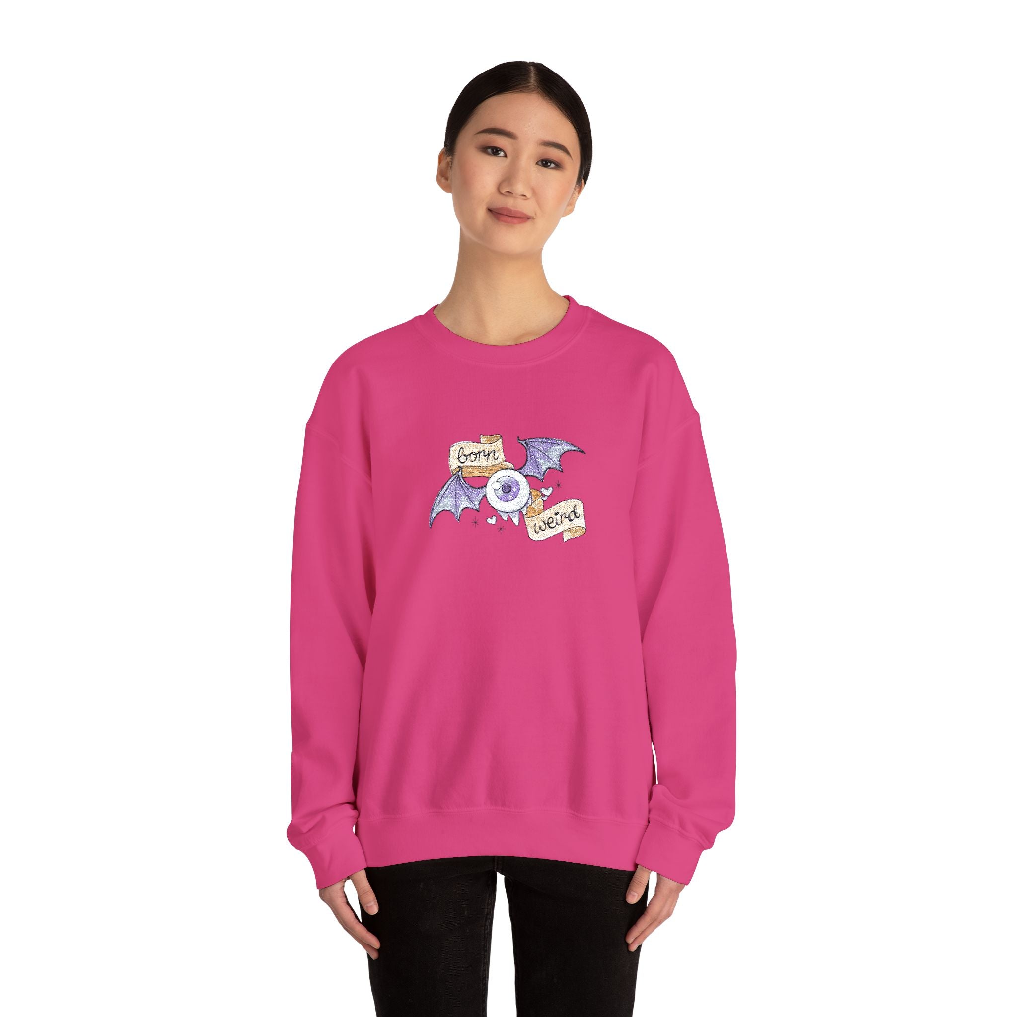Crewneck Sweatshirt — Purple Bat & Moon Floral Graphic (Halloween Cozy)