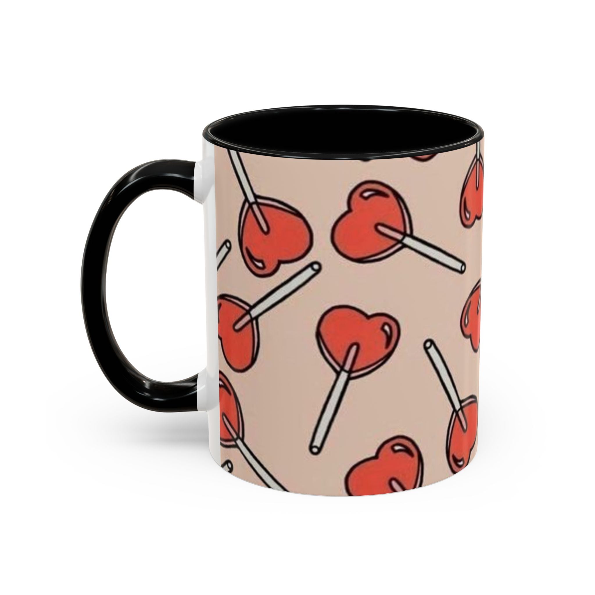 Valentines Heart Lollipop Accent Coffee Mug — Cute Valentine Candy Pattern (11/15oz)