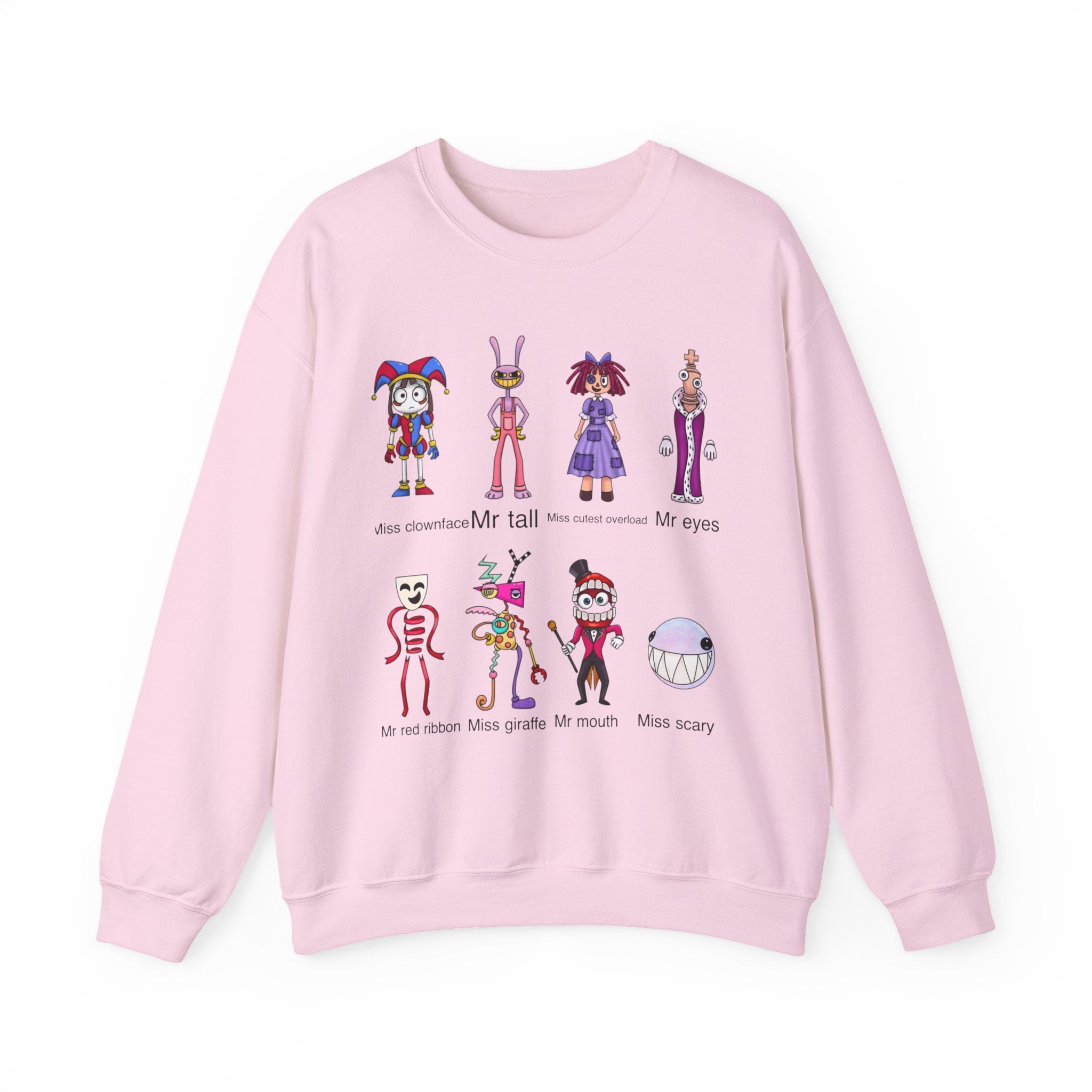 Crewneck Sweatshirt — Cute Creepy Cartoon Clowns Illustration ("Miss..." Character Lineup)