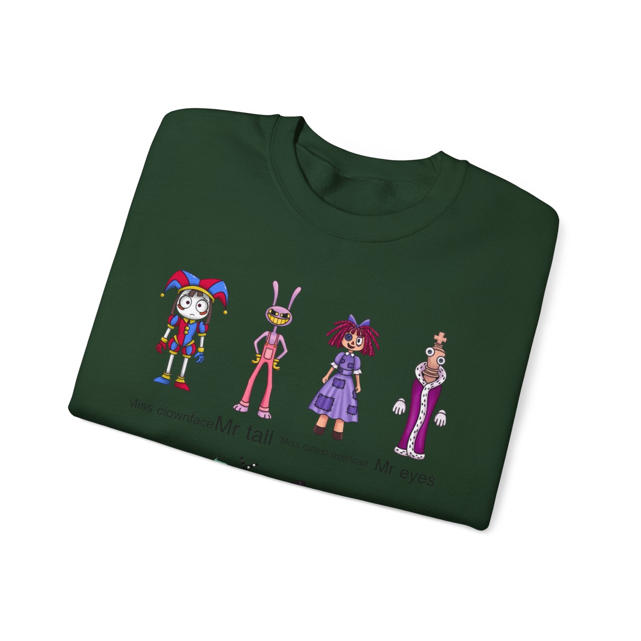 Crewneck Sweatshirt — Cute Creepy Cartoon Clowns Illustration ("Miss..." Character Lineup)
