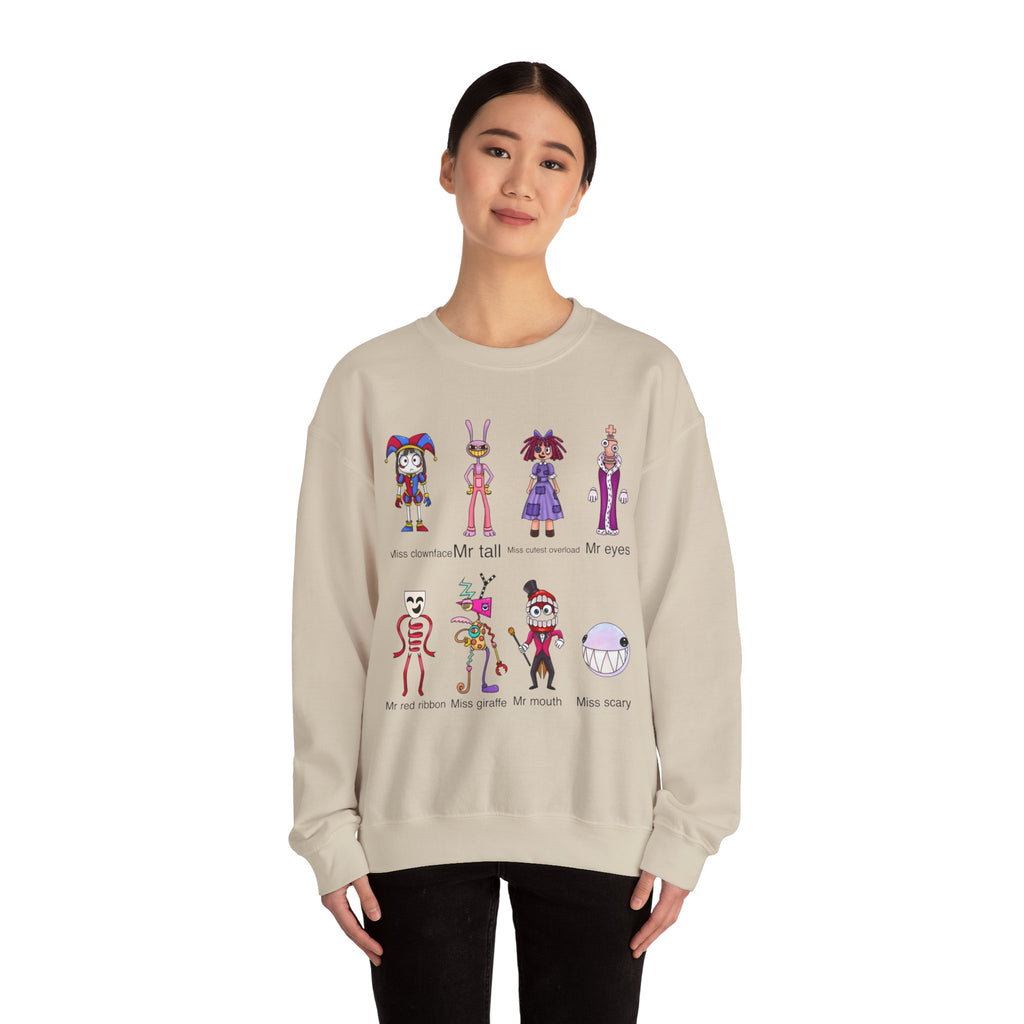 Crewneck Sweatshirt — Cute Creepy Cartoon Clowns Illustration ("Miss..." Character Lineup)