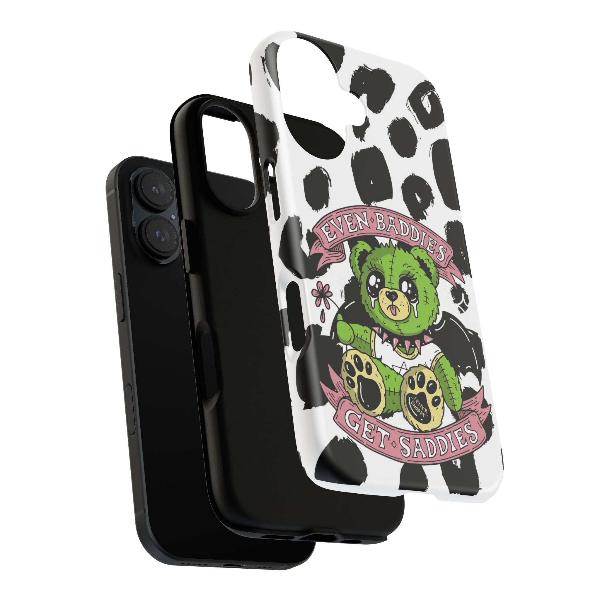 Cute Green Teddy Phone Case — "Even Baddies Get Saddles" Cow Print Protective Case