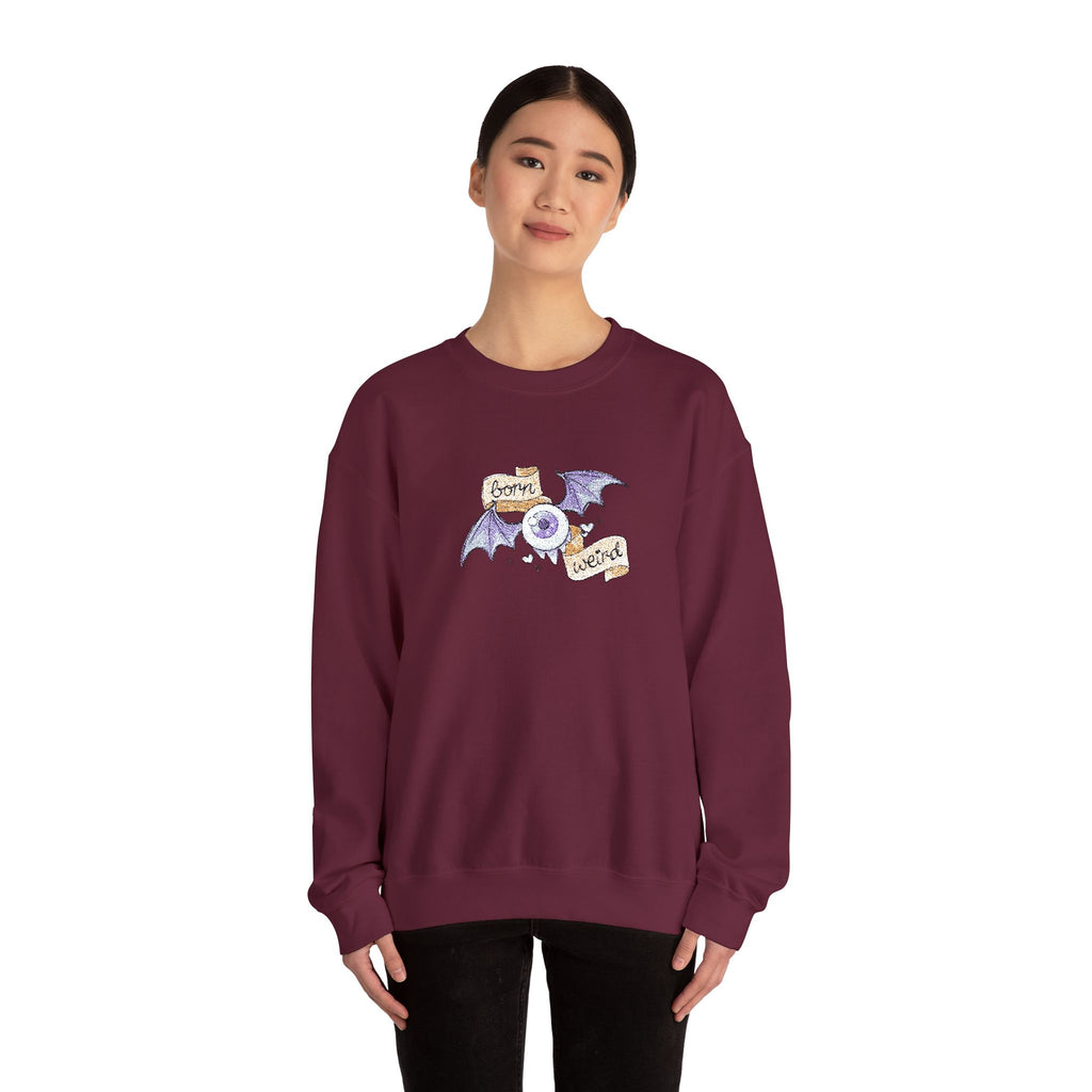 Crewneck Sweatshirt — Purple Bat & Moon Floral Graphic (Halloween Cozy)
