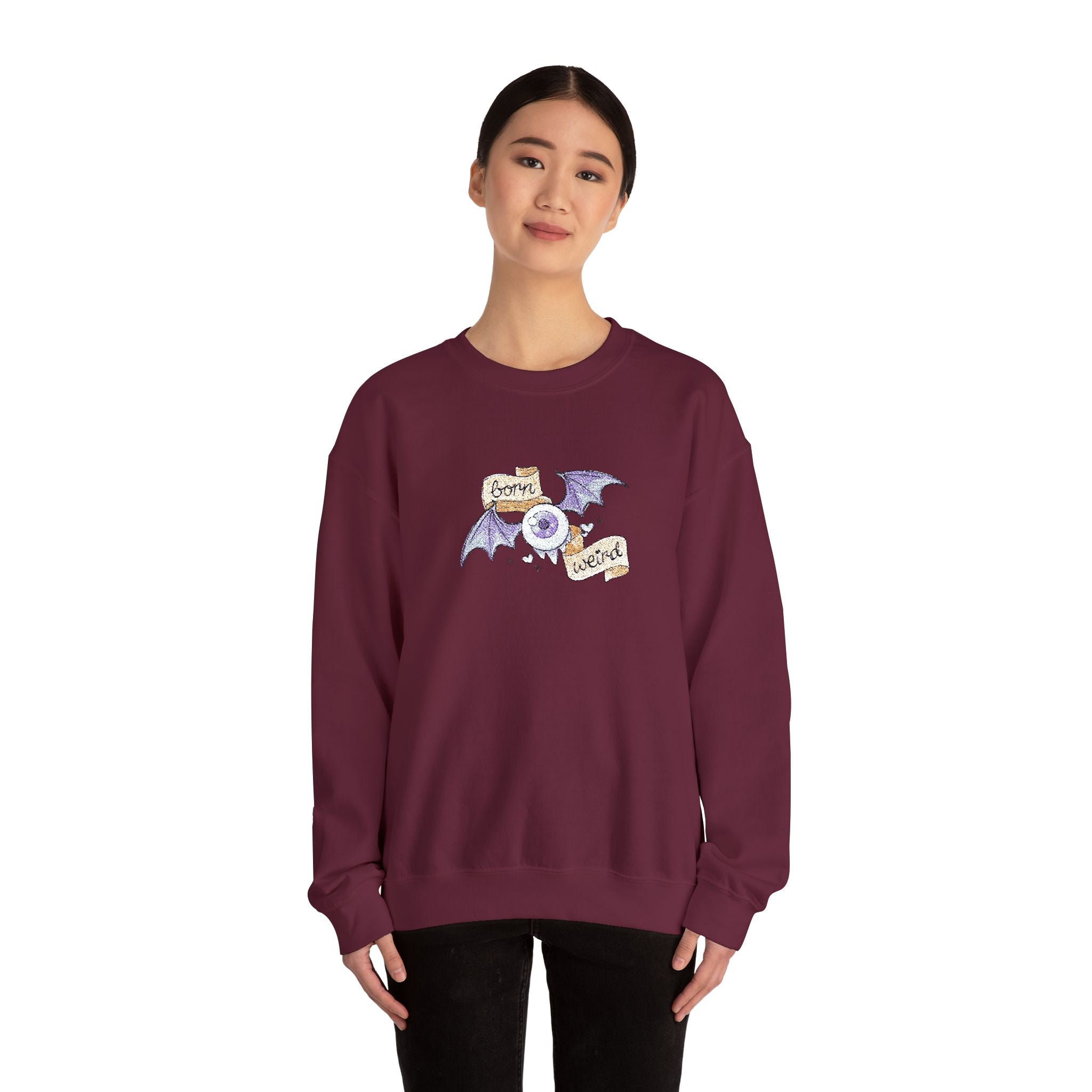 Crewneck Sweatshirt — Purple Bat & Moon Floral Graphic (Halloween Cozy)
