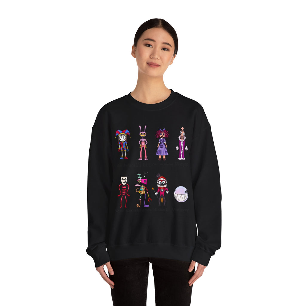 Crewneck Sweatshirt — Cute Creepy Cartoon Clowns Illustration ("Miss..." Character Lineup)