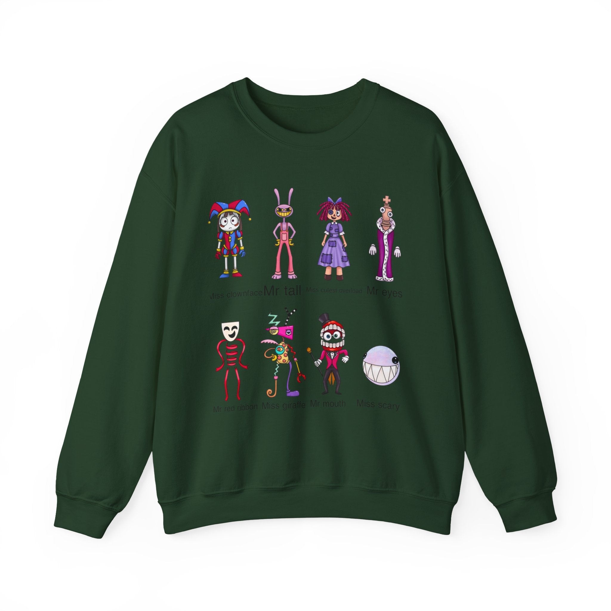 Crewneck Sweatshirt — Cute Creepy Cartoon Clowns Illustration ("Miss..." Character Lineup)